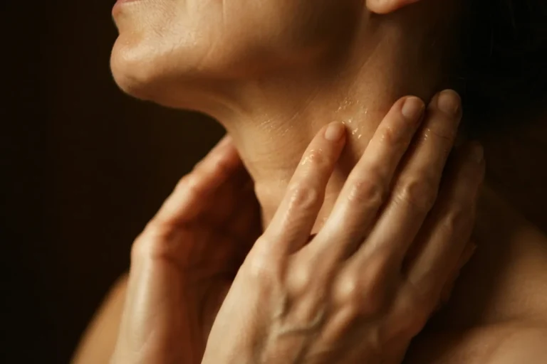 Peau mature : les cosmétiques naturels efficaces (et les pièges à éviter) 1 Gros plan sur une peau mature après application d'un sérum, éclat naturel révélé par une lumière dorée