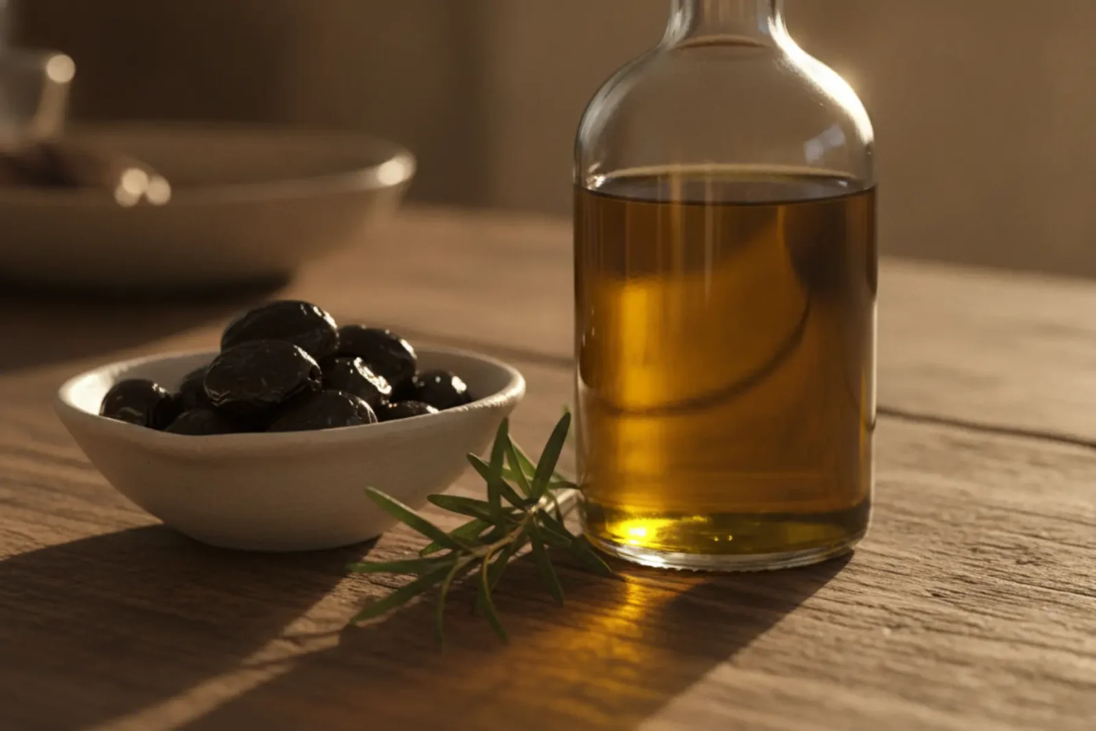 Bouteille en verre ambré d'huile d'olive extra vierge, olives noires en coupelle blanche et brin de romarin frais — ingrédients clés du régime méditerranéen
