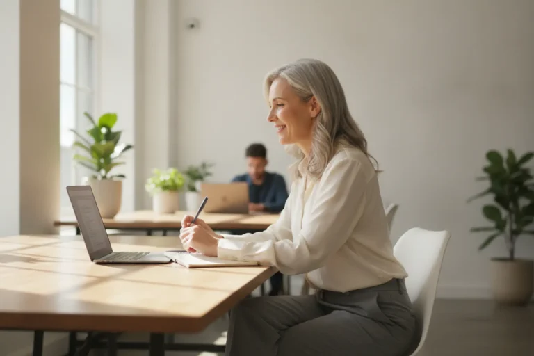 Ambition après 45 ans : pourquoi refuser la promotion est la décision la plus stratégique 1 Portrait épuré d'une femme d'une cinquantaine d'années dans un bureau baigné de lumière matinale douce et naturelle