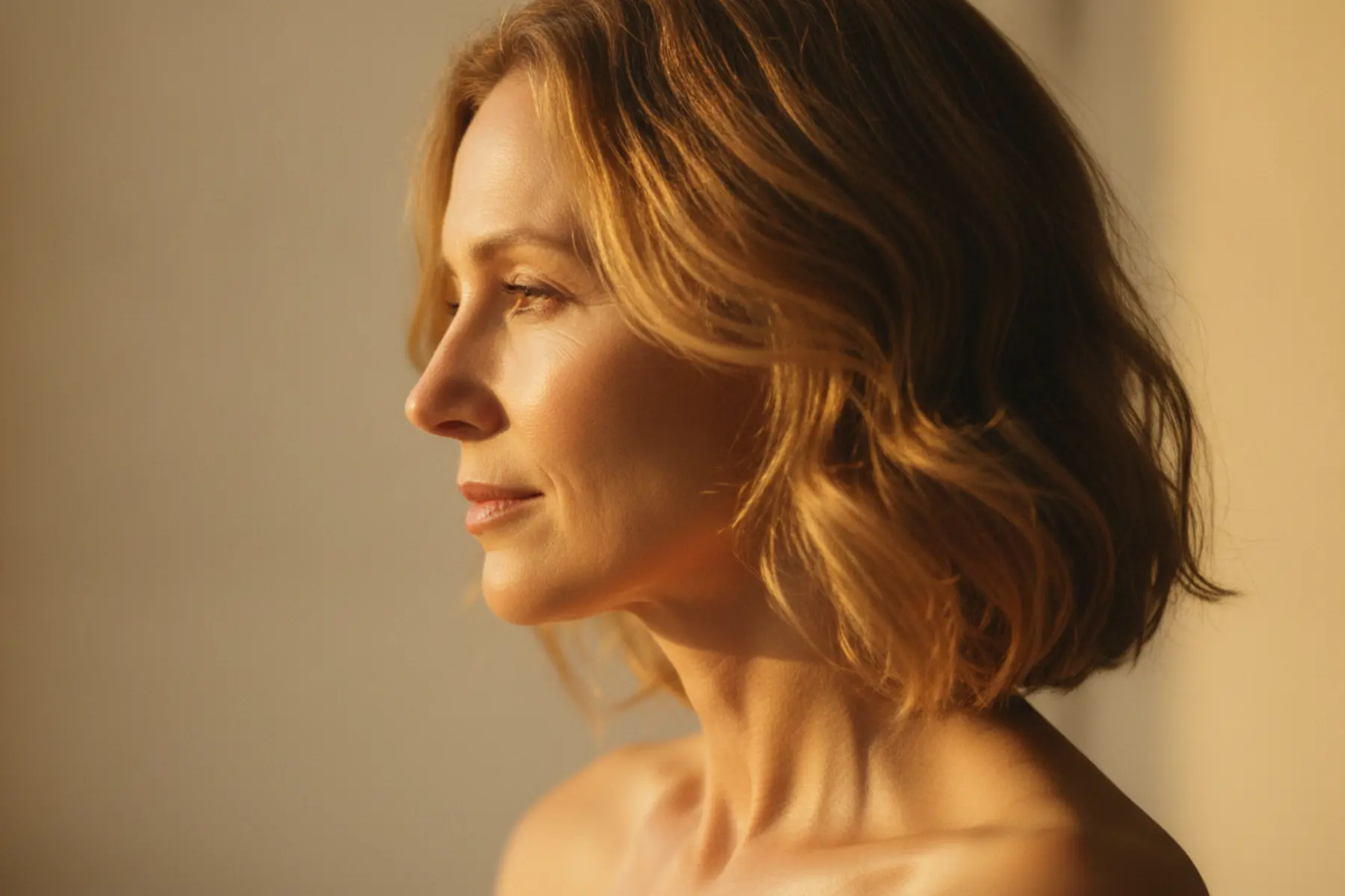 Portrait de profil d’une femme d’une cinquantaine d’années baignée dans une lumière dorée tamisée, illustration du slow sex après 50 ans, calme et assurance