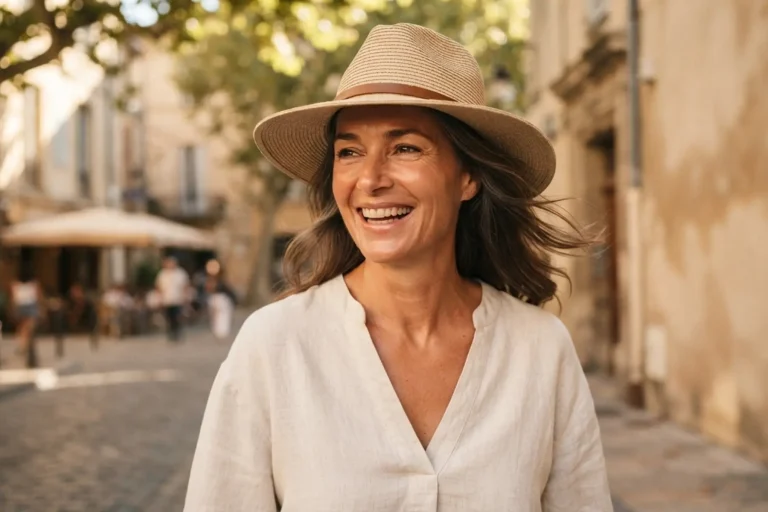 Été après 40 ans : protéger sa peau sans sacrifier son confort 2 Femme de 45 ans souriante avec un chapeau, pour protéger sa peau du soleil en ville, peau lumineuse et rayonnante