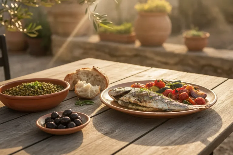 Assiette méditerranéenne type avec poisson grillé, légumes rôtis à l'huile d'olive, bol de lentilles et pain complet — régime méditerranéen après 50 ans