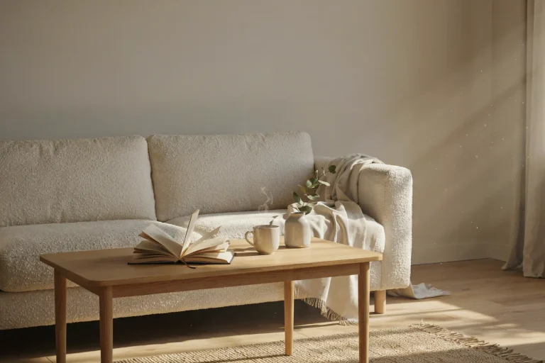 Salon épuré et chaleureux avec canapé en laine bouclée ivoire et table basse en chêne clair, baigné de lumière naturelle douce — style warm minimalism