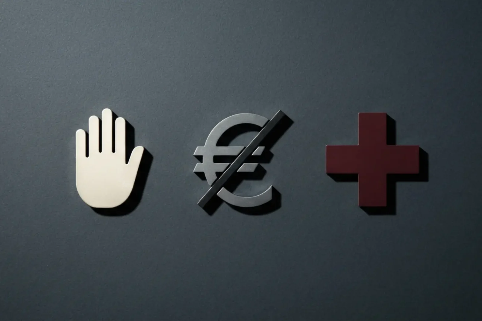 Illustration graphique des signaux d'alerte pour les thérapies alternatives : main qui arrête, symbole euro barré, croix rouge — une mise en garde contre les dérives sectaires.