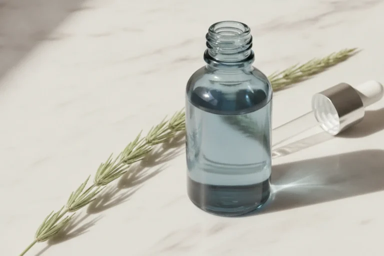Silicium organique : vérités, nuances et comment faire le bon choix 3 Flacon en verre bleu gris de silicium organique posé sur marbre blanc avec tiges de prêle séchée et pipette
