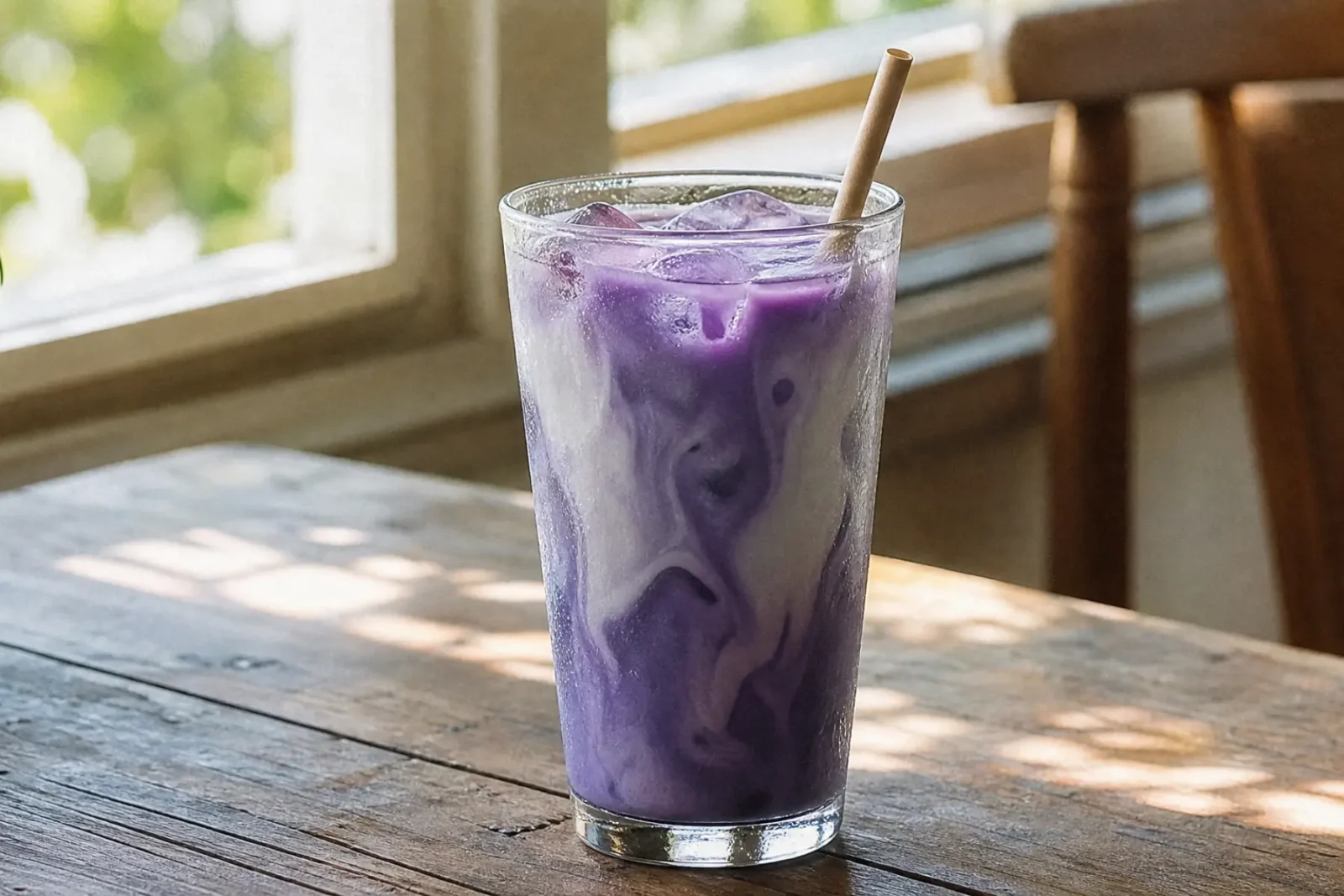 Bien-être : quel est ce superaliment pourpre et sans caféine qui détrône le matcha ? 4 Verre transparent de ube latte glacé aux volutes violette et blanche, avec glaçons, sur une table en bois, lumière naturelle