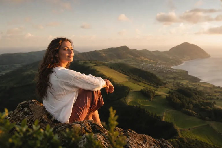 Femme contemplant un paysage volcanique aux Açores. Voyage solo, connexion avec la nature et moments de sérénité.