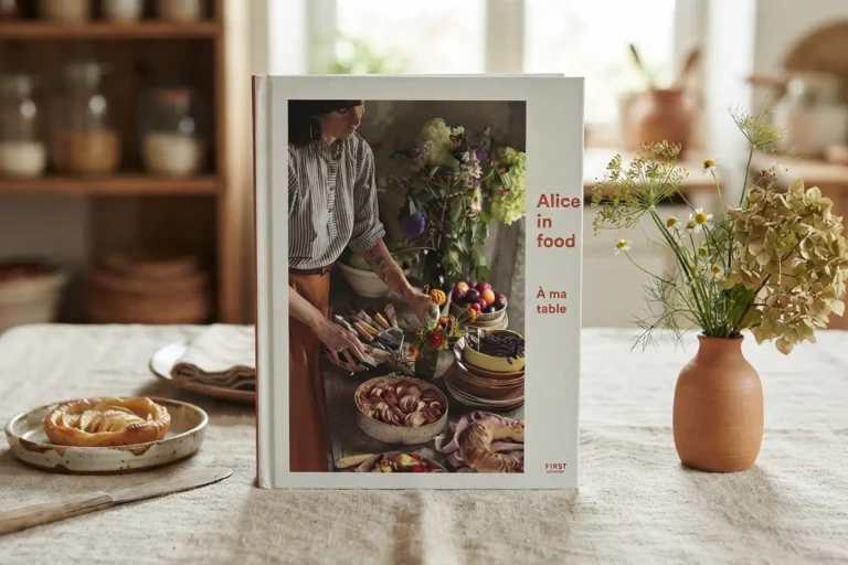 Slow hosting : livre À ma table d'Alice Roca posé sur une nappe en lin à côté d'un vase de fleurs séchées et d'une tarte.
