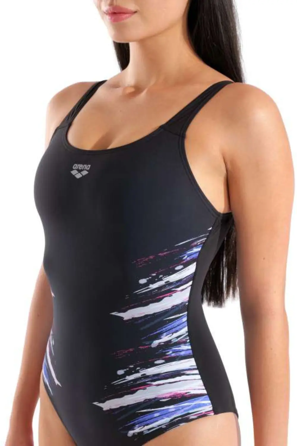 Maillot de bain une pièce Arena modèle Angelica U-Back noir avec motifs graphiques latéraux.