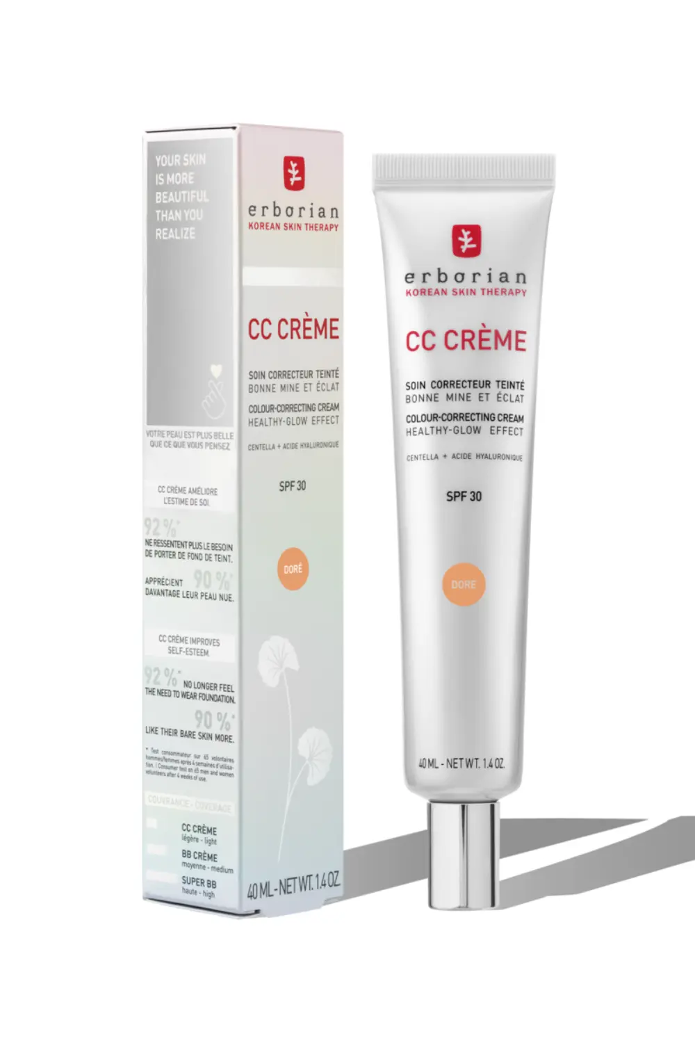 Tube et étui de la CC Crème Erborian teinte Doré SPF 30.