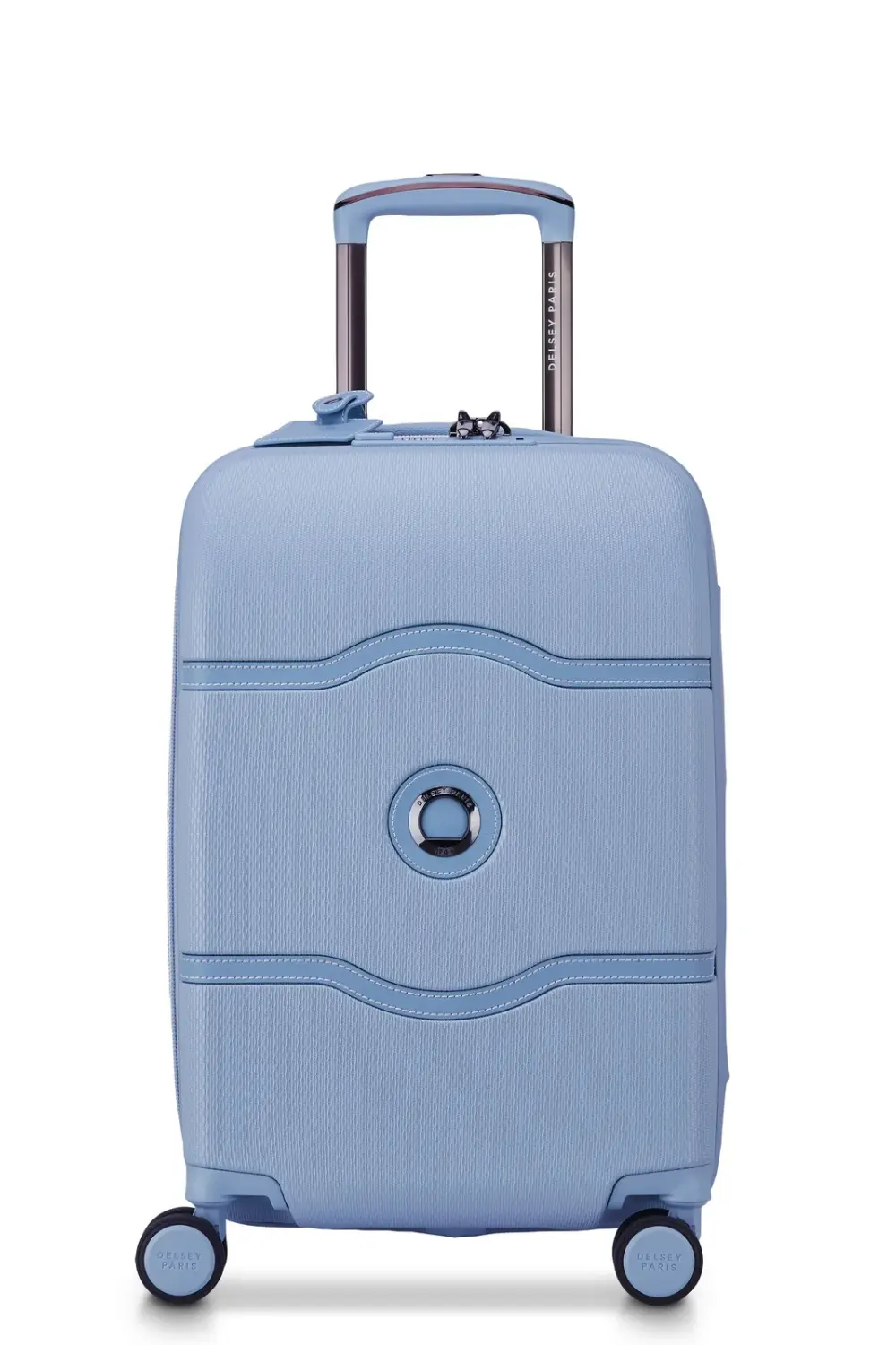 Valise cabine rigide Châtelet Air 2 Delsey Paris bleu ciel à quatre roues.