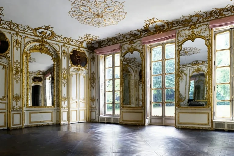Vue d'un salon de style Rococo avec boiseries dorées complexes. Inspiration Le triangle d'or le film