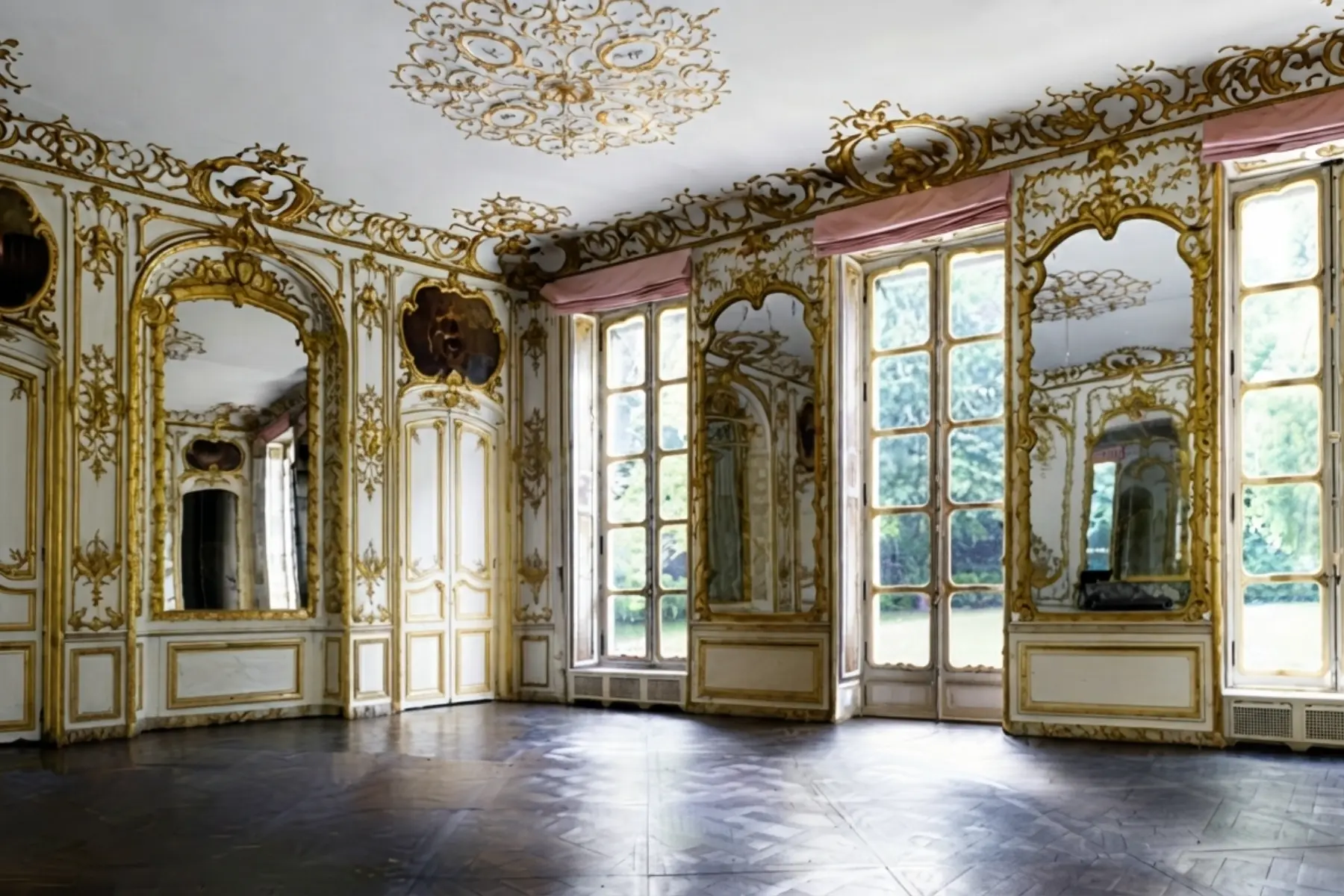 Vue d'un salon de style Rococo avec boiseries dorées complexes. Inspiration Le triangle d'or le film