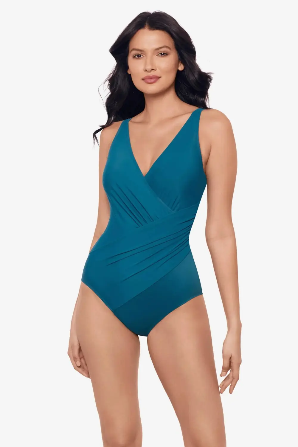 Maillot de bain une pièce gainant Miraclesuit Oceanus bleu océan à effet drapé croisé.