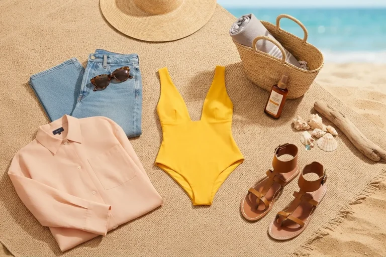 La règle du 3-Carry-On : une garde-robe capsule pour une semaine au soleil (sans bagage en soute) 1 Flatlay garde-robe valise 3-Carry-On cabine d'été avec maillot jaune, chemise beige, jean, sandales en cuir et cabas de plage.