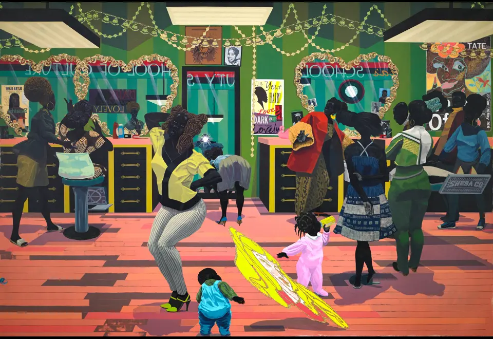 Les 3 expositions de la rentrée 2026 à Paris qui méritent vraiment une date dans votre agenda 3 Expositions tableau « School of Beauty, School of Culture » de Kerry James Marshall représentant un salon de coiffure afro-américain.