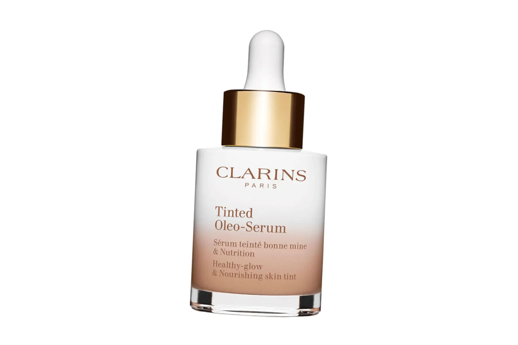 Flacon verre à pipette du fond de teint sérum Tinted Oleo-Serum de Clarins sur fond blanc.