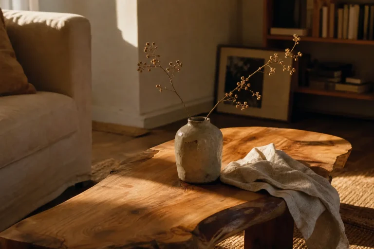 Intérieur Wabi-Sabi avec table basse en bois brut aux bords irréguliers et vase en grès asymétrique posé sur un linge de lin froissé, lumière naturelle tamisée d'après-midi